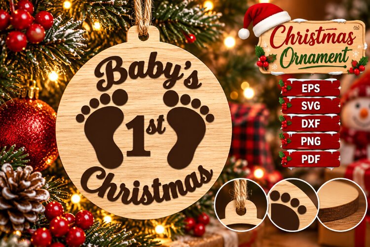 Baby Footprint Laser Cut Wood File, Christmas Ornament SVG example image 1