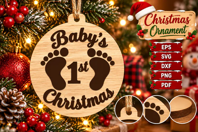 Baby Footprint Laser Cut Wood File, Christmas Ornament SVG