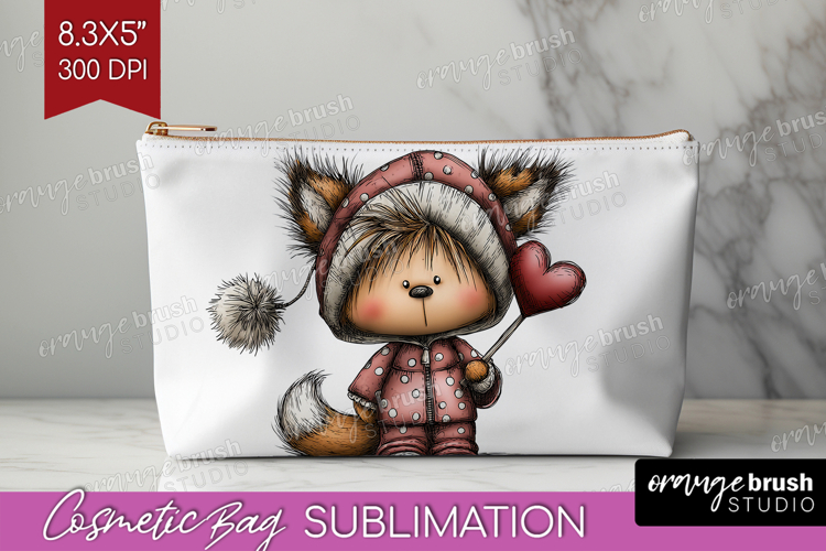 Baby Fox Valentine Cosmetic Bag Whimsical Animal Makeup Bag