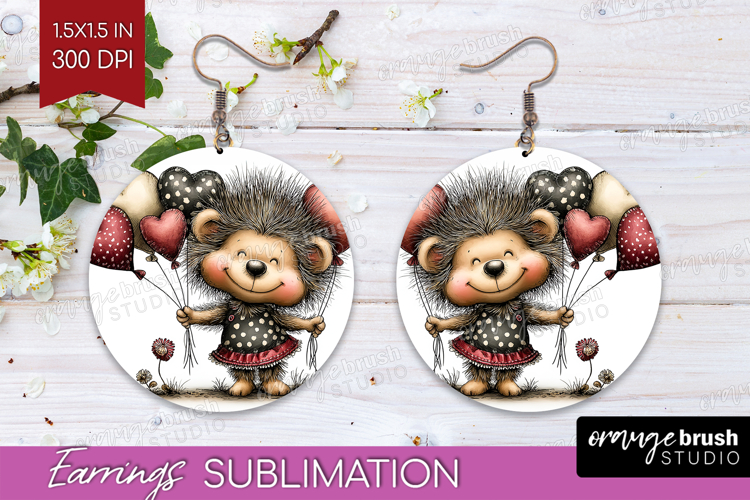 Baby Hedgehogo Valentine Round Earrings Whimsical Animal PNG