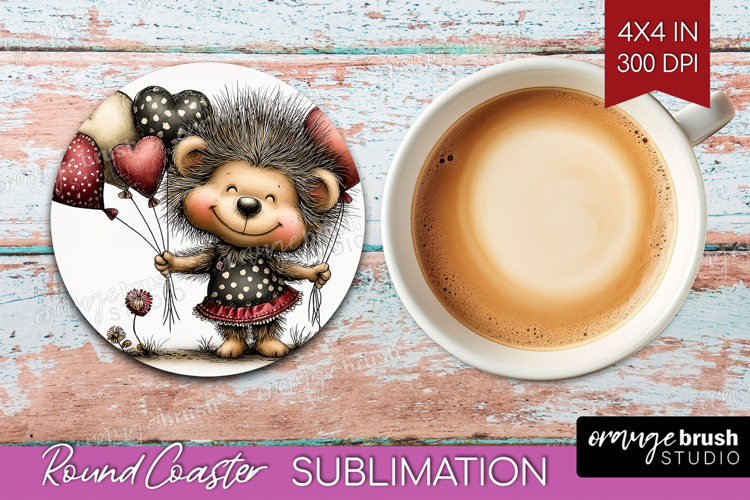 Baby Hedgehogo Valentine Round Coaster Whimsical Animal PNG