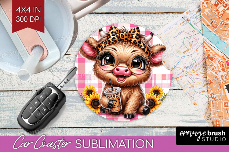 Highland Cow Car Coaster - Summer Coaster PNG Sublimation