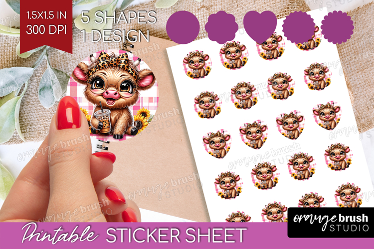 Highland Cow Round Sticker - Summer Printable Sticker Sheet