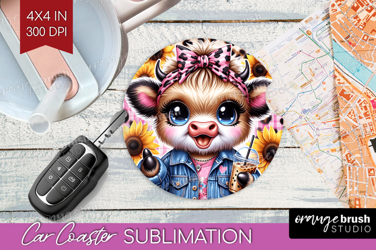 Highland Cow Car Coaster - Summer Coaster PNG Sublimation