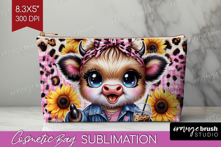 Highland Cow Cosmetic Bag - Summer Makeup Bag PNG