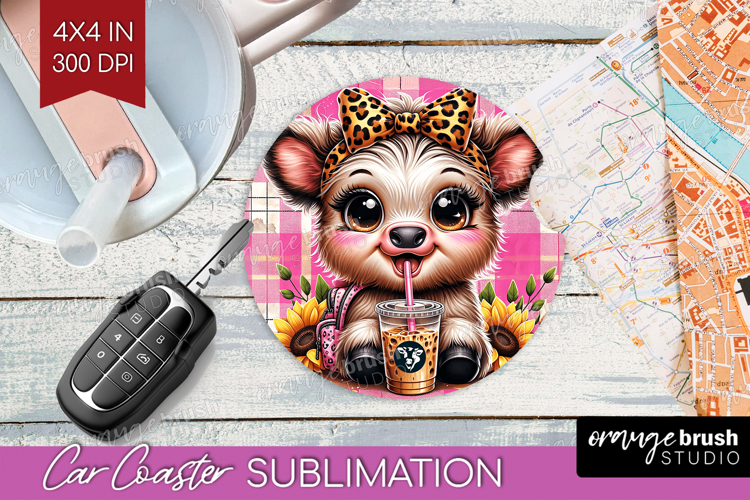 Highland Cow Car Coaster - Summer Coaster PNG Sublimation