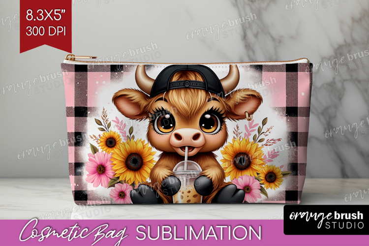 Highland Cow Cosmetic Bag - Summer Makeup Bag PNG