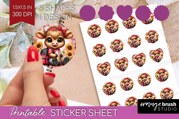 Highland Cow Round Sticker - Summer Printable Sticker Sheet