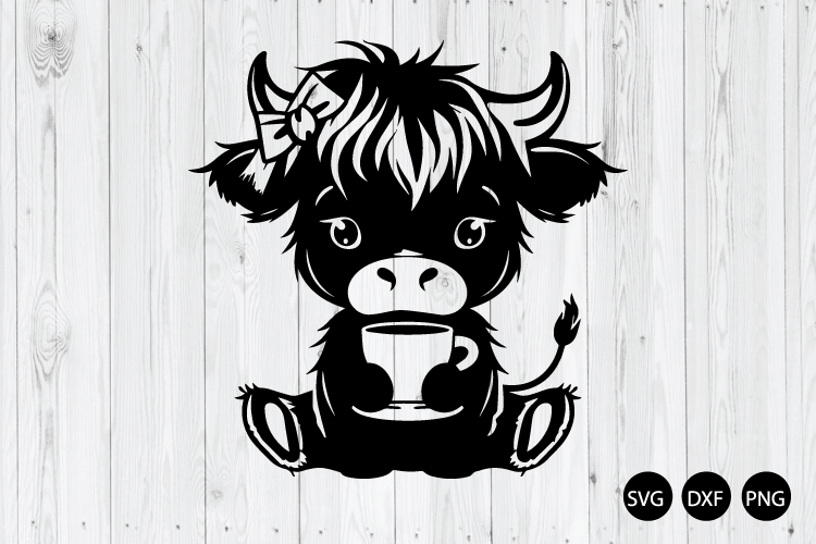 Baby Highland Cow Drinking Coffee SVG, Highland Baby Cow SVG