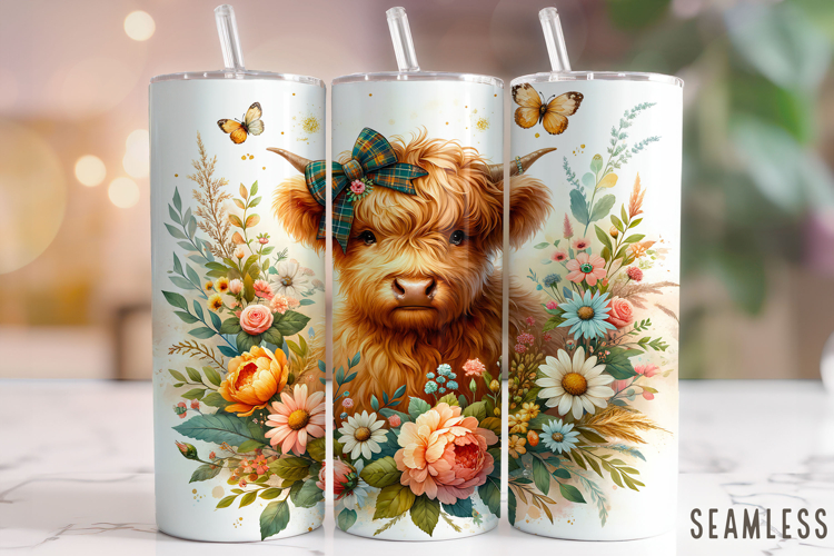 Floral Highland Cow Tumbler Wrap, Cute Highland Cow Tumbler