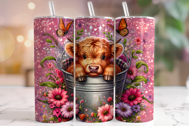 Floral Highland Cow Tumbler Wrap, Cute Highland Cow Tumbler