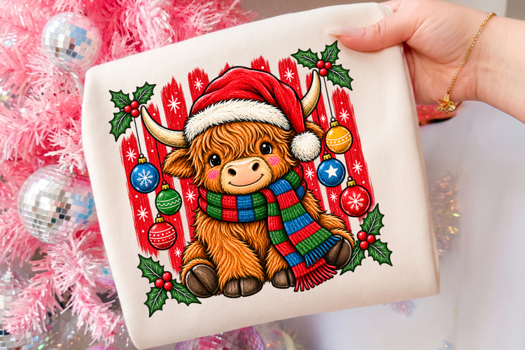 Baby Highland Cow Winter Striped PNG, Christmas Cow Shirt