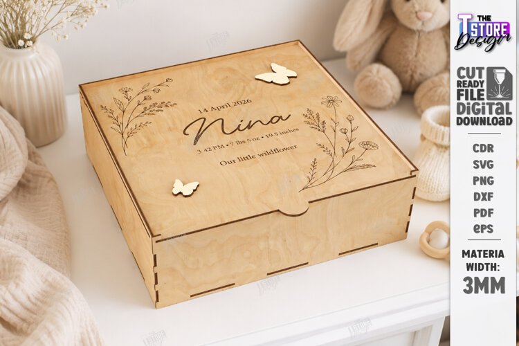 Baby Keepsake Memory Box Laser Cut | Wooden Storage Box SVG example image 1