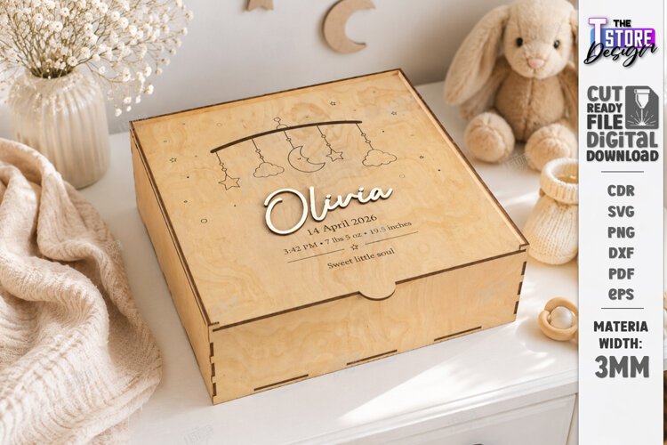 Baby Keepsake Memory Box Laser Cut | Wooden Storage Box SVG example image 1