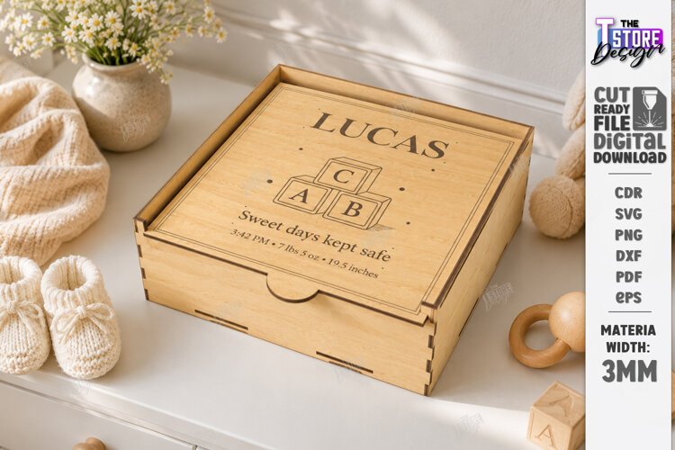 Baby Keepsake Memory Box Laser Cut | Wooden Storage Box SVG example image 1