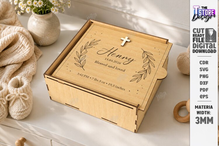 Baby Keepsake Memory Box Laser Cut | Wooden Storage Box SVG example image 1