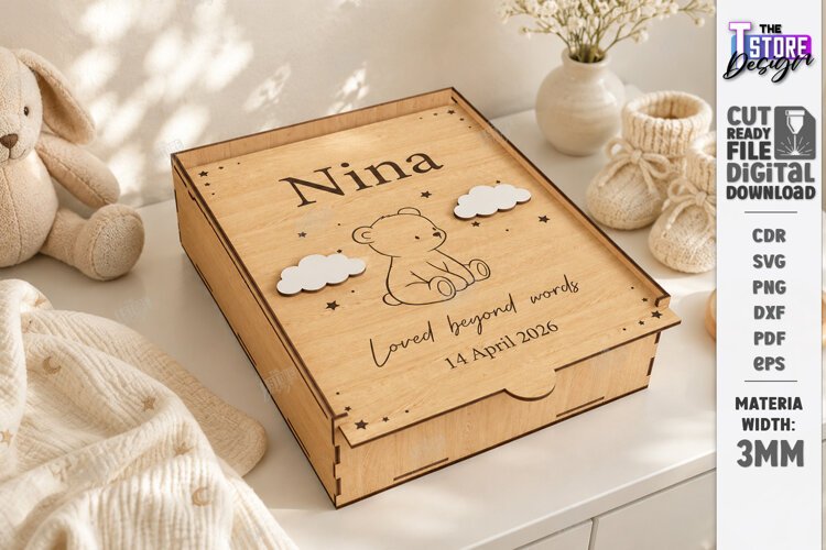 Baby Keepsake Memory Box Laser Cut | Wooden Storage Box SVG example image 1