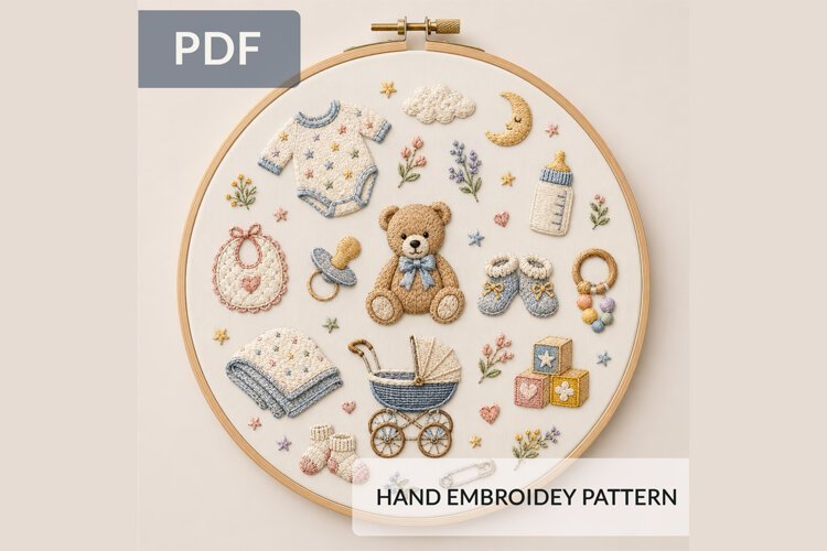 Baby Essentials Hand Embroidery Pattern PDF Nursery Hoop example image 1