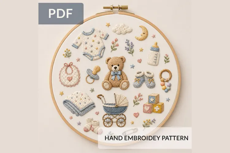 Baby Essentials Hand Embroidery Pattern PDF Nursery Hoop
