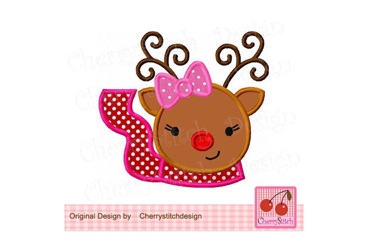 Girl Rudolph Reindeer Bow Applique Machine Embroidery Design example image 1