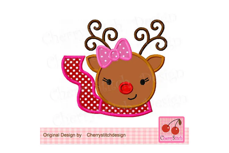 Girl Rudolph Reindeer Bow Applique Machine Embroidery Design