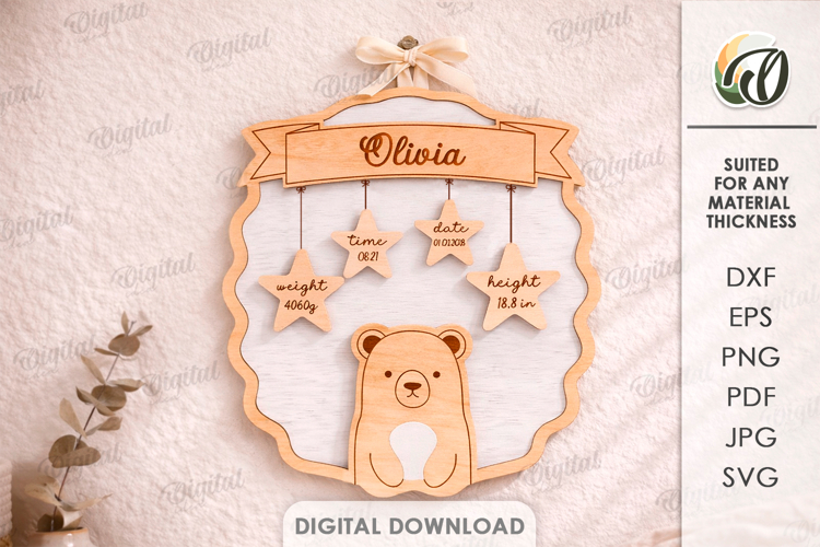 Baby Name Sign With Birth Stats Laser Cut. Nursery Decor SVG