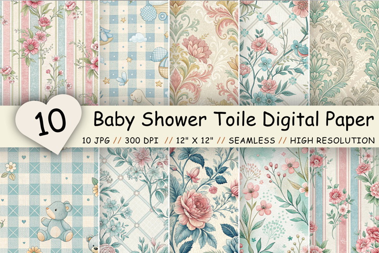 Baby Shower Toile Digital Paper Pack, Vintage Floral Toile