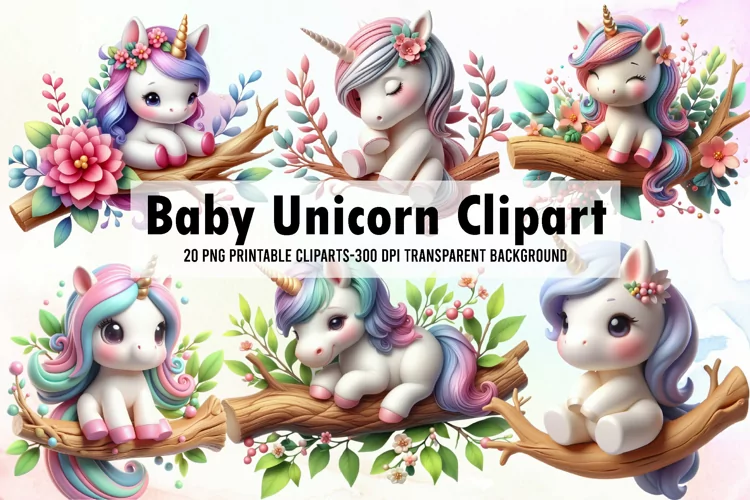 Baby Unicorn Watercolor Clipart, Unicorn PNG File