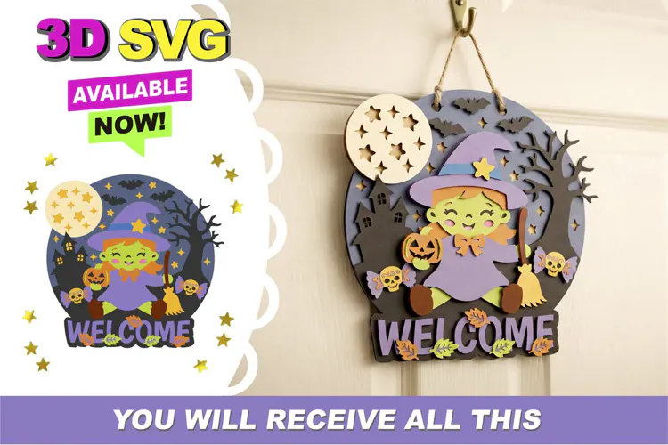 Cute Baby Witch Halloween Door Hanger 3D SVG