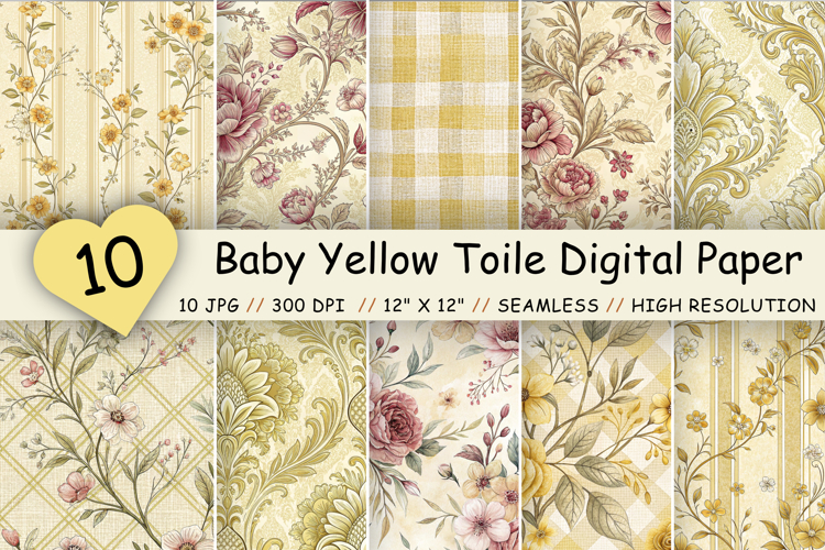 Baby Yellow Toile Digital Paper Pack, Vintage Floral Toile