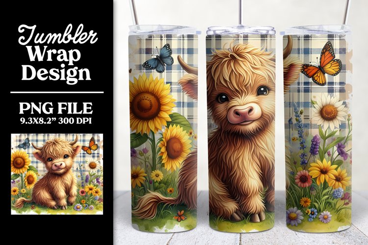 Highland Cow Tumbler Wrap Sublimation Design Sunflowers