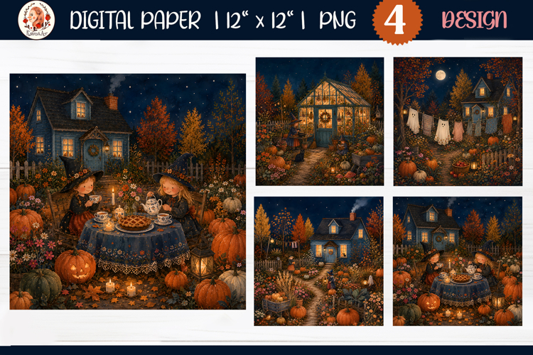 Halloween digital paper with cozy autumn cottage