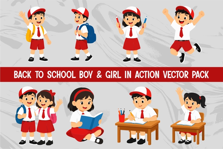 Back to School Boy and Girl in Action Cartoon Character