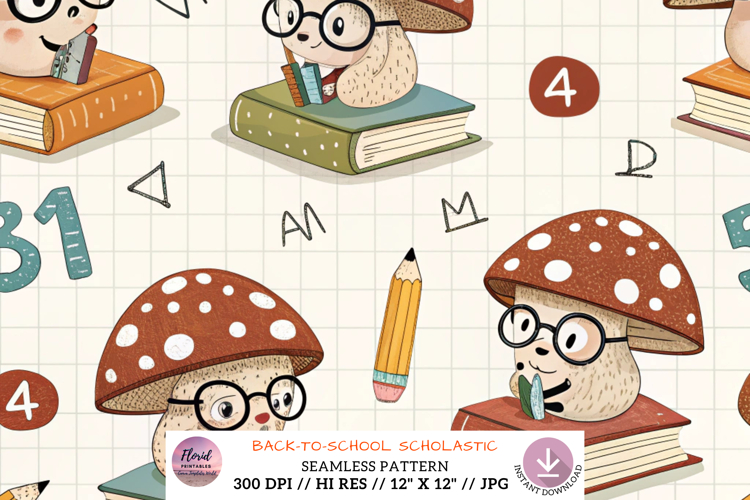 Back-to-School Scholastic Shrooms Seamless Pattern