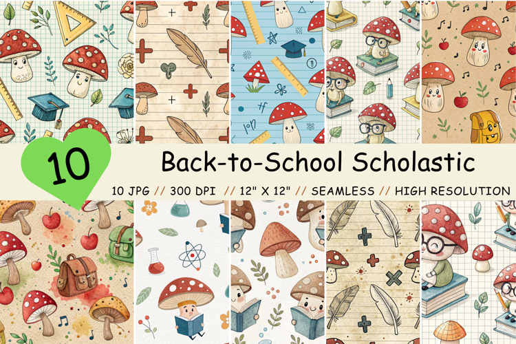 Back-to-School Scholastic Shrooms Digital Paper, Seamless