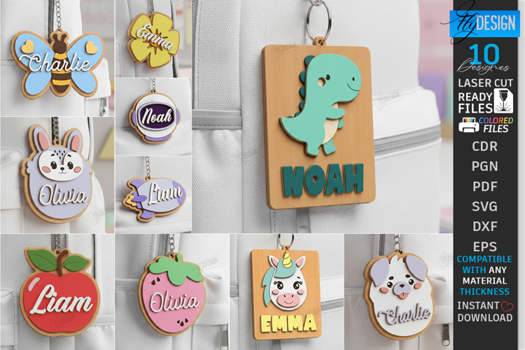 Personalized Backpack Tags Laser Cut Bundle | Name Charm SVG