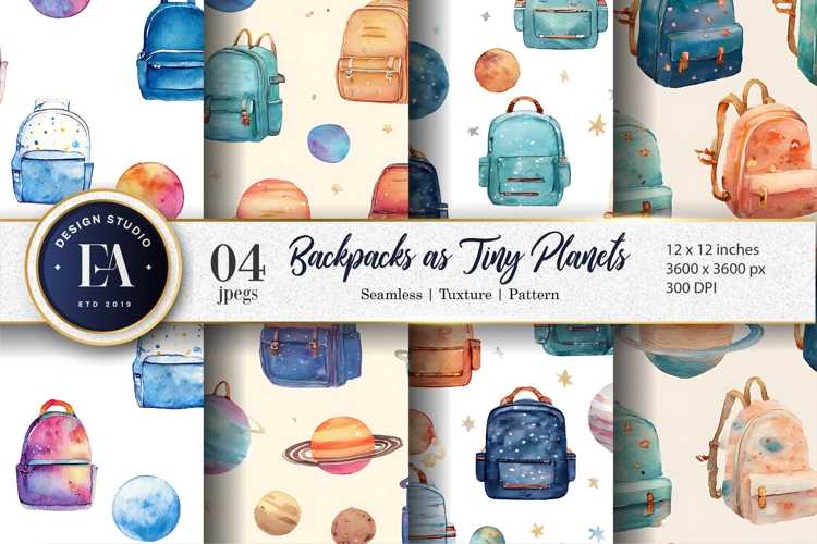 Backpacks Designed as Tiny Planets Watercolor Digital Paper
