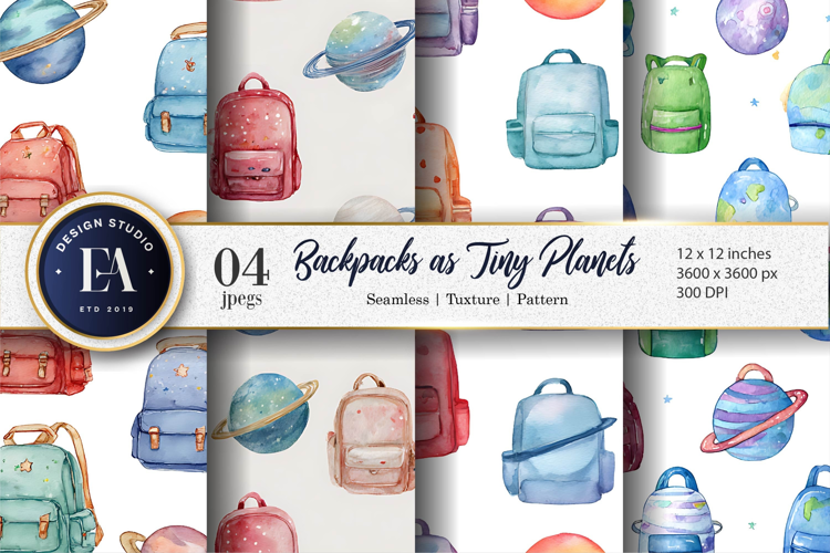 Watercolor Backpacks Shaped Like Tiny Planets Digital Paper