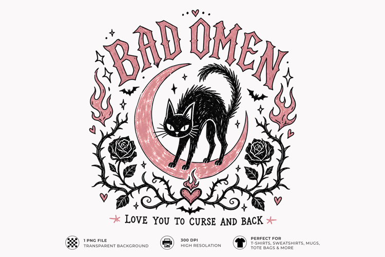 Bad Omen Black Cat Gothic Halloween PNG T-Shirt Design