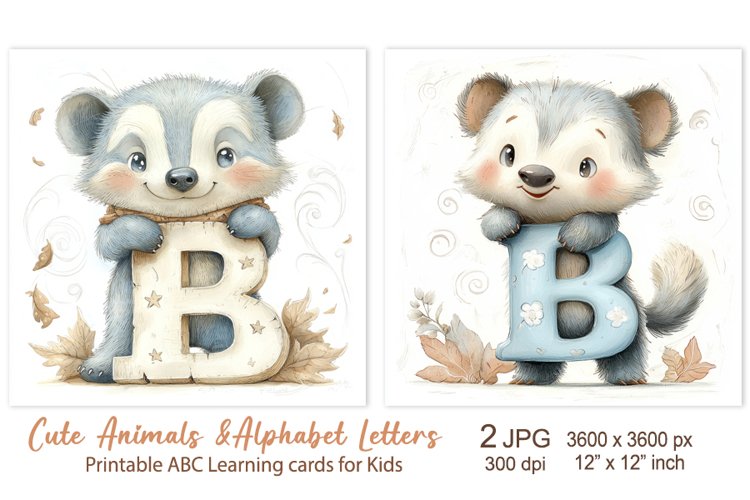 Badger, Cute Animal Alphabet Letters, ABC Printable cards