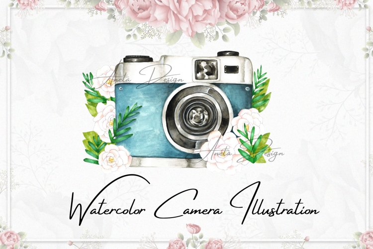 Camera with watercolor flowers clipart, Gift to photographer example image 1