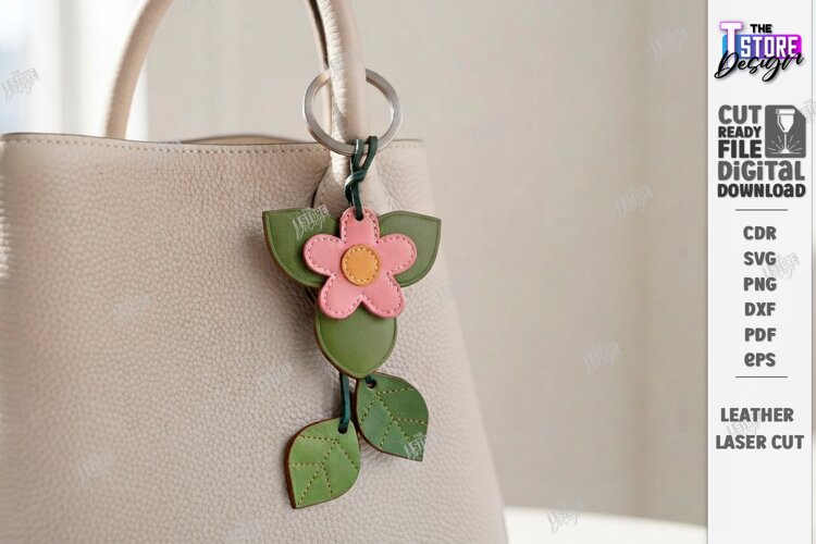 Leather Keychain Laser Cut | Bag Charm | Flower Bag Tag SVG example image 1