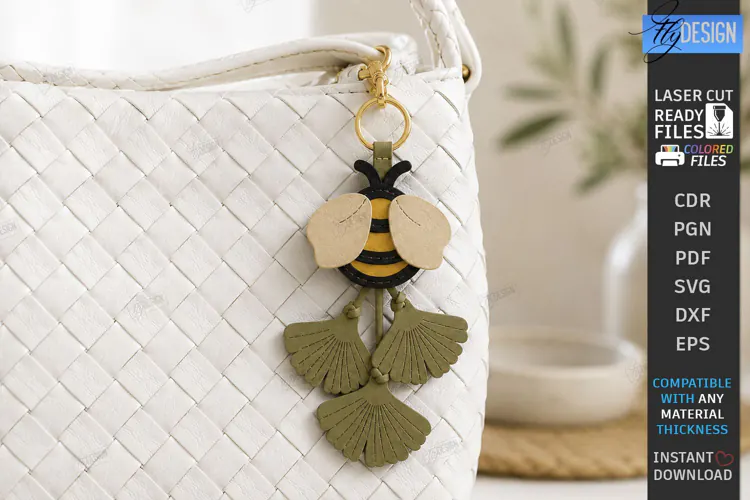 3D Leather Bag Charm Laser Cut | Bee | Floral Accessory SVG