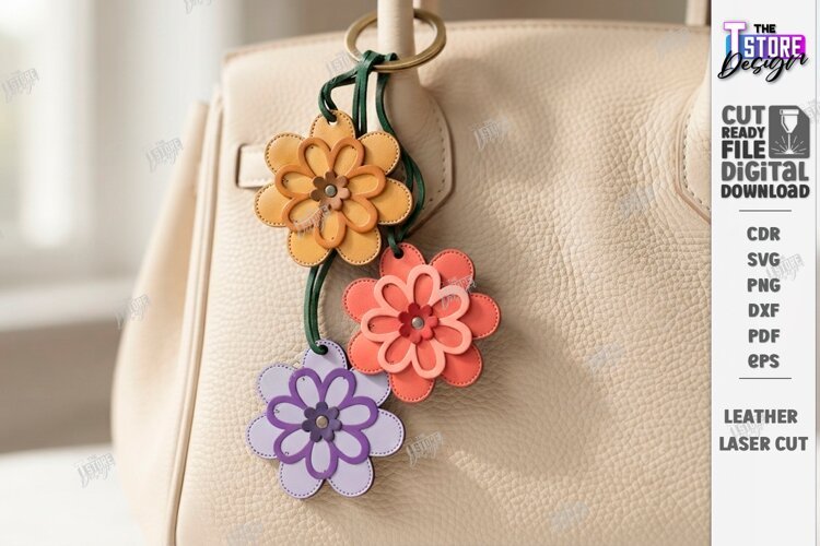 Leather Keychain Laser Cut | Bag Charm | Flower Bag Tag SVG example image 1