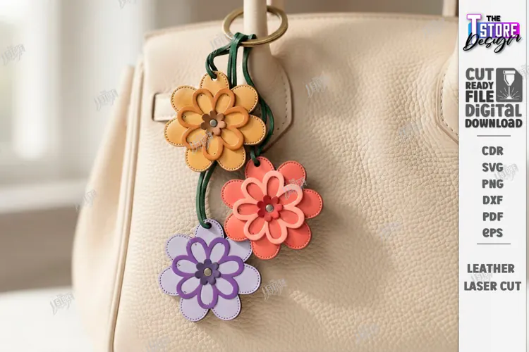 Leather Keychain Laser Cut | Bag Charm | Flower Bag Tag SVG