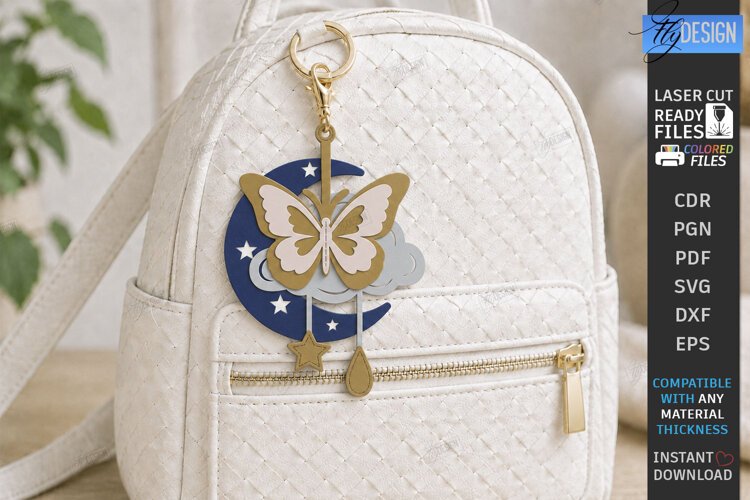 3D Leather Bag Charm Laser Cut | Butterfly and Moon Ketchain example image 1