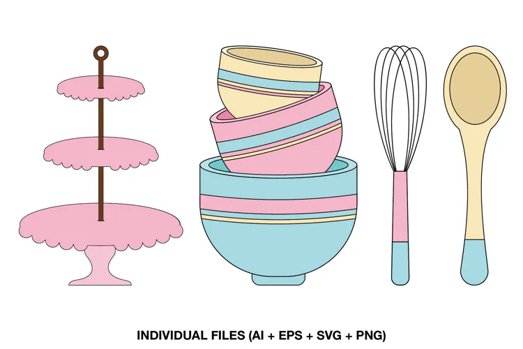 Baking Clipart with Mixing Bowls, Whisk, Spoon and Cake