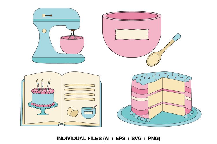 Four pastel baking clipart illustrations with mixer bowl recipe book and cake