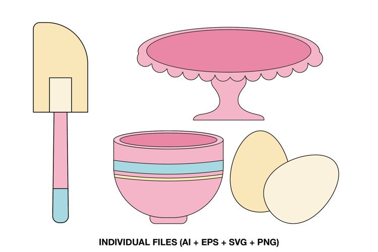 Pastel baking clipart set with cake stand mixing bowl eggs and kitchen tool