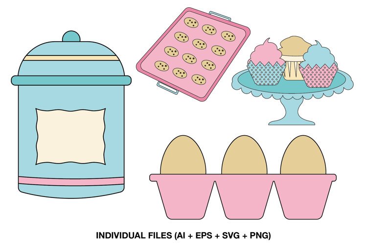 Pastel baking clipart with kitchen canister cookie tray cupcakes and egg carton